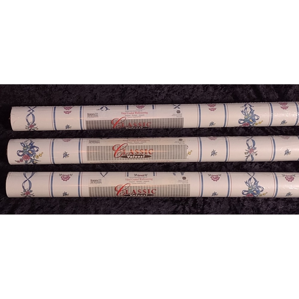 Vintage‎ 3 Rolls Borden Wallpaper Blue Mauve Striped Bows Flowers Cottagecore